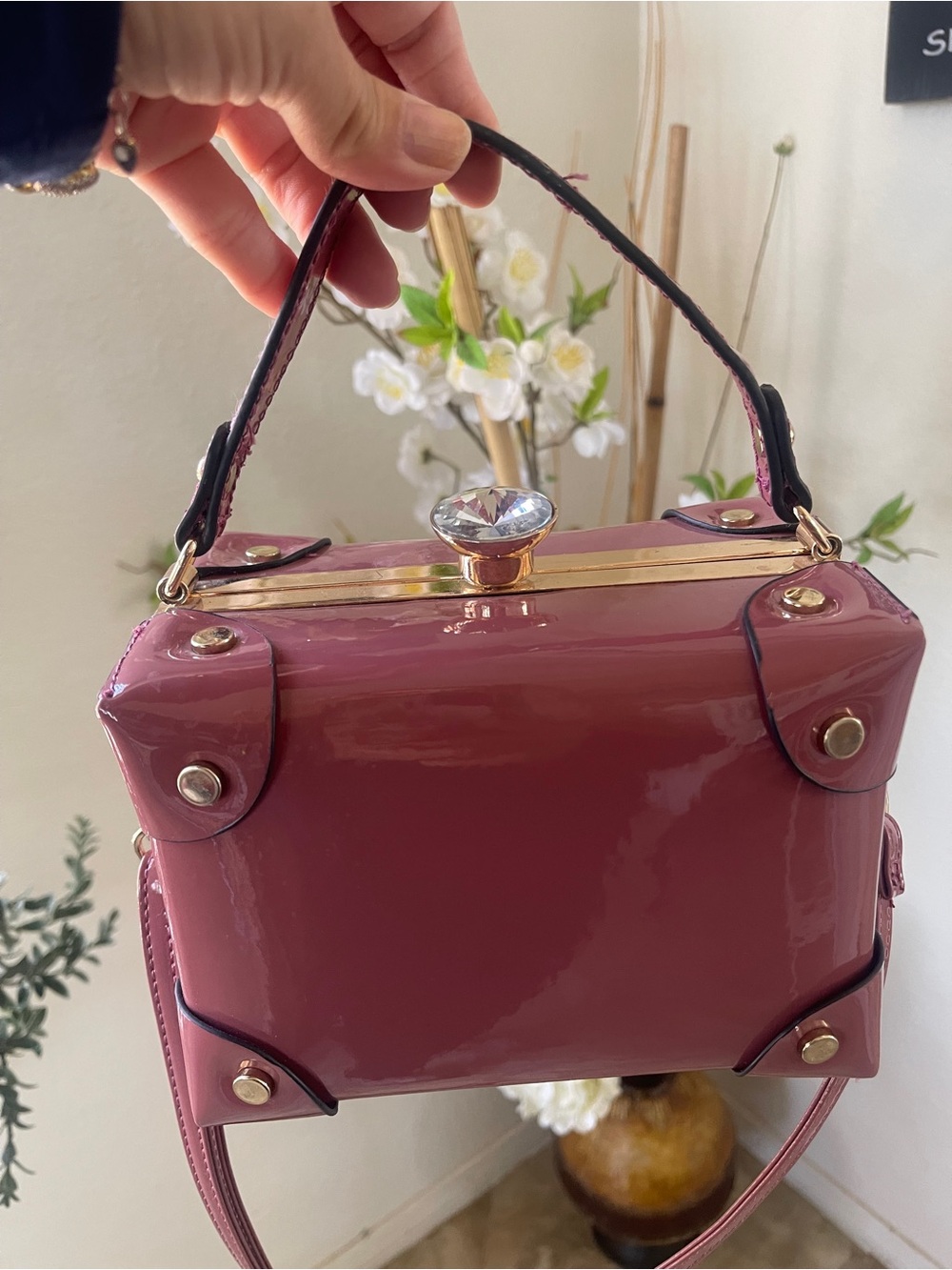Women's Pink Patent Box Bag with Top Handle and Crossbody Strap